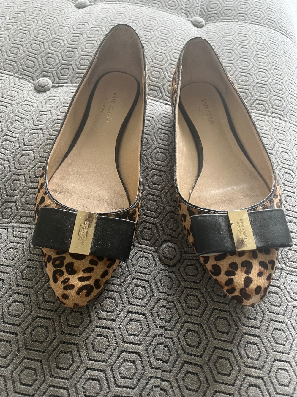 kate spade Leopard Print Pointed-Toe Flats with Black Bow and Gold Accent